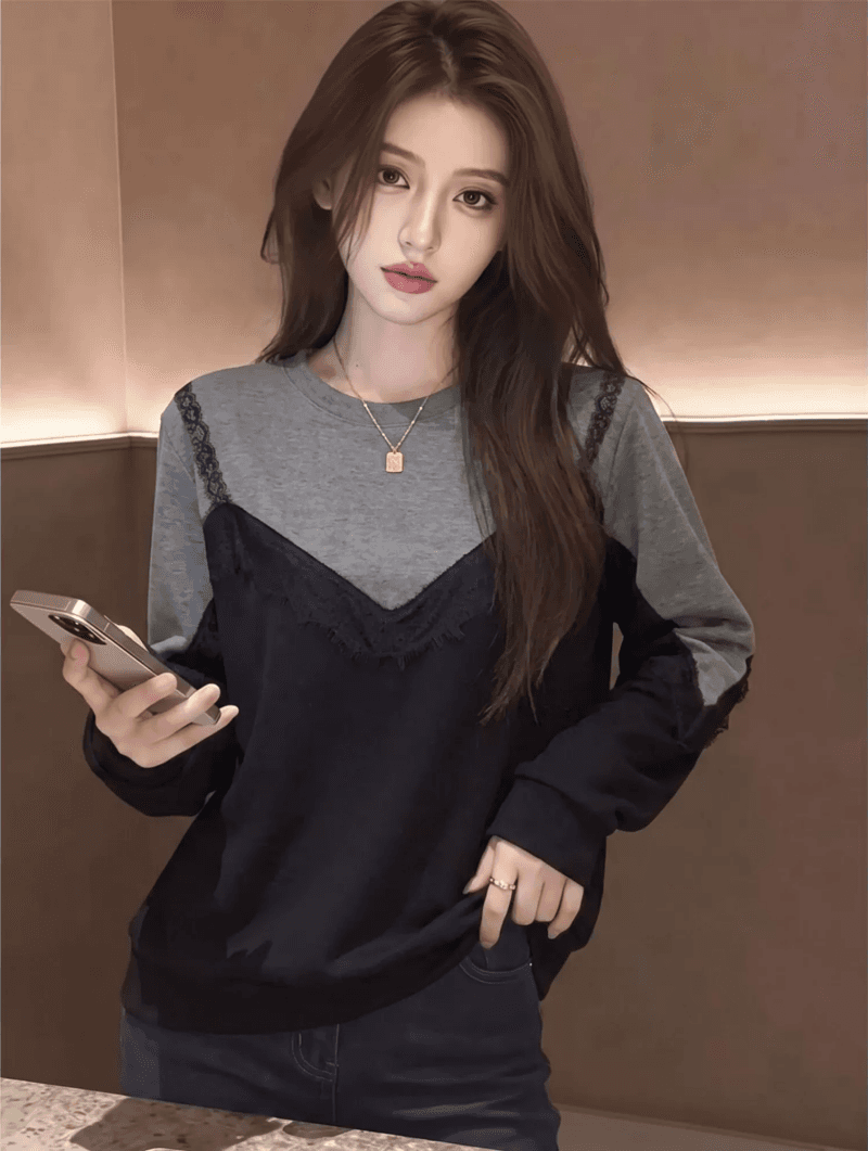 레이스 레이스 패치워크 페이크 레이어드 긴팔 라운드 넥 후드티 여성 2026 가을 빅 사이즈 루즈핏 슬림해 보이는 연령 감소 맨위 이미지 4