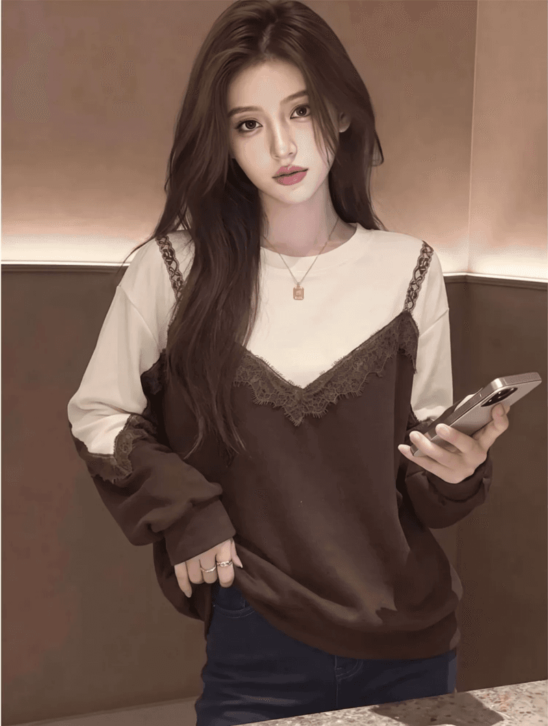 레이스 레이스 패치워크 페이크 레이어드 긴팔 라운드 넥 후드티 여성 2026 가을 빅 사이즈 루즈핏 슬림해 보이는 연령 감소 맨위 상세 이미지 1