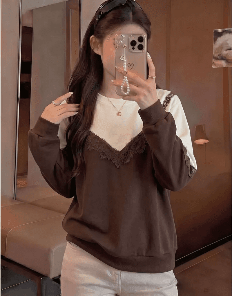 레이스 레이스 패치워크 페이크 레이어드 긴팔 라운드 넥 후드티 여성 2026 가을 빅 사이즈 루즈핏 슬림해 보이는 연령 감소 맨위 상세 이미지 2