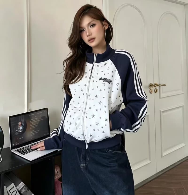 아메리칸 레트로 별 프린트 스트라이프 패치워크 색상 스탠드 칼라 후드티 여성 코트 26 가을 겨울 새로운 루즈핏 학생 오픈 가디건 이미지 4