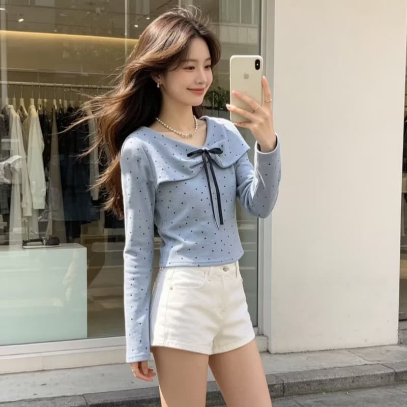 한 부서 나비 매듭 도트 무늬 비스듬한 칼라 긴팔 티셔츠 여성 가을 인사이드 가져 가라. 디자인 센스 고유 한 몸매 가꾸기 아름다운 작은 맨위 이미지 5