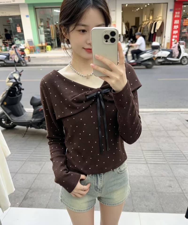 한 부서 나비 매듭 도트 무늬 비스듬한 칼라 긴팔 티셔츠 여성 가을 인사이드 가져 가라. 디자인 센스 고유 한 몸매 가꾸기 아름다운 작은 맨위 상세 이미지 3