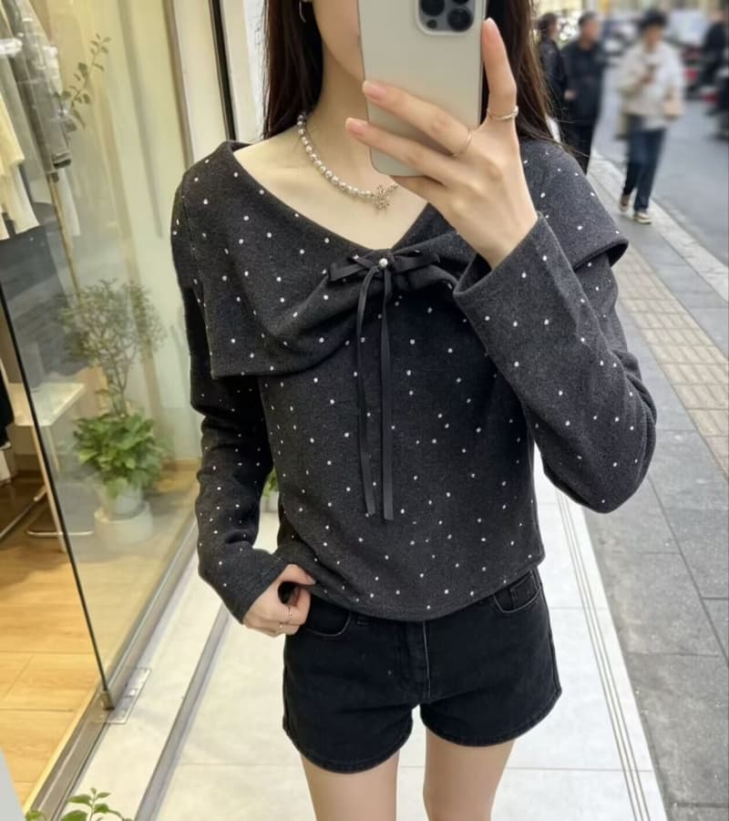 한 부서 나비 매듭 도트 무늬 비스듬한 칼라 긴팔 티셔츠 여성 가을 인사이드 가져 가라. 디자인 센스 고유 한 몸매 가꾸기 아름다운 작은 맨위 상세 이미지 5