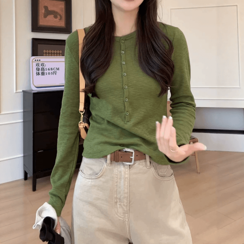 고급 센스 녹색 긴팔 티셔츠 여성 의류 조기 가을 2026 새로운 반 개방 칼라 맨위 몸매 가꾸기 기본 셔츠 인사이드 가져 가라. 이미지 2