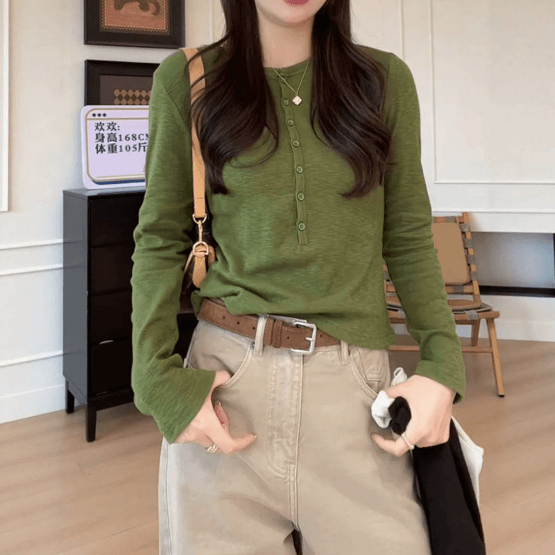 고급 센스 녹색 긴팔 티셔츠 여성 의류 조기 가을 2026 새로운 반 개방 칼라 맨위 몸매 가꾸기 기본 셔츠 인사이드 가져 가라.