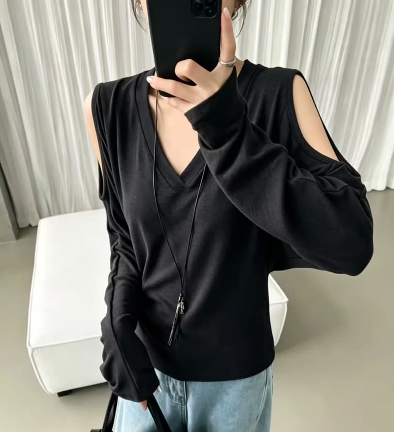 한국 스타일 디자인 센스 오프숄더 V넥 반팔 티셔츠 여성 가을 새로운 허리 수축 슬림해 보이는 고유 한 아름다운 연령 감소 작은 맨위 상세 이미지 4