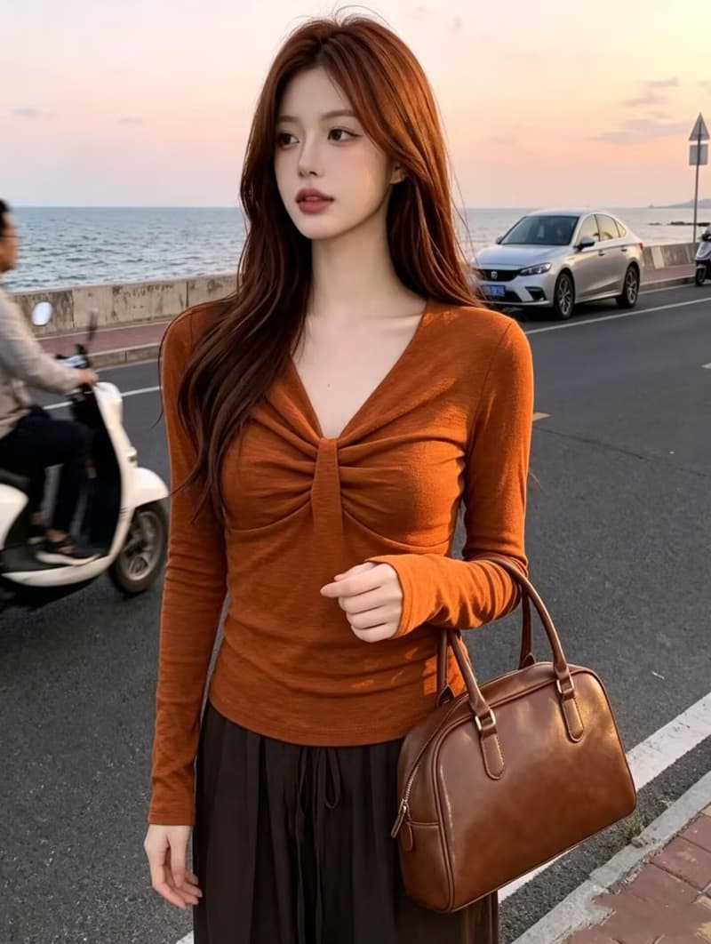 프랑스식 고급 센스 V넥 긴팔 티셔츠 여성 2026 가을 새로운 핫걸 몸매 가꾸기 슬림해 보이는 다용도 연령 감소 맨위 상세 이미지 7
