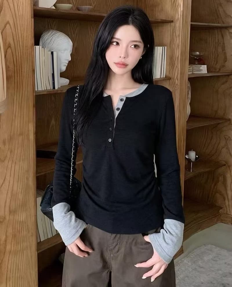 레트로 페이크 레이어드 헨리 칼라 긴팔 티셔츠 여성 디자인 센스 몸매 가꾸기 배색 기본 셔츠 가을 작은 키 맨위 상세 이미지 4