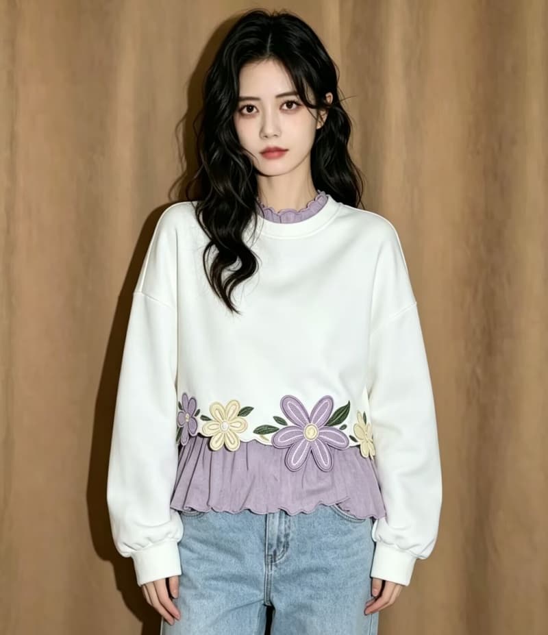 디자인 센스 3 차원 꽃 자수 라운드 넥 쇼트 스타일 후드티 보라색 긴팔 프릴 티셔츠 두 조각 여성 세트 가을 이미지 2