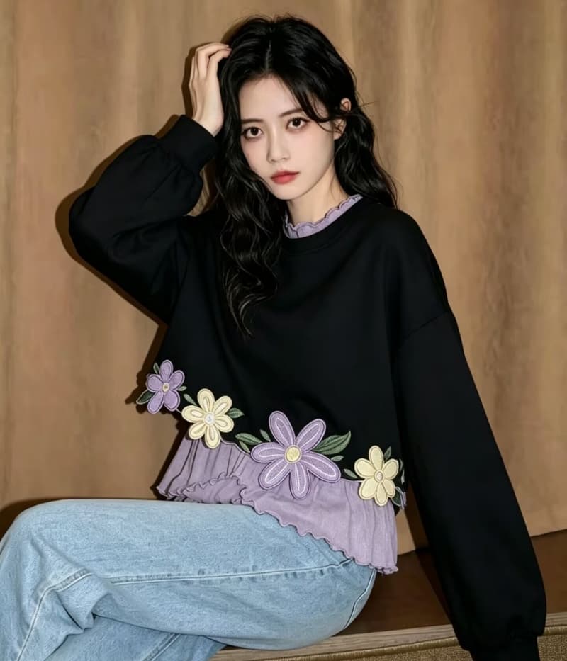디자인 센스 3 차원 꽃 자수 라운드 넥 쇼트 스타일 후드티 보라색 긴팔 프릴 티셔츠 두 조각 여성 세트 가을 상세 이미지 6