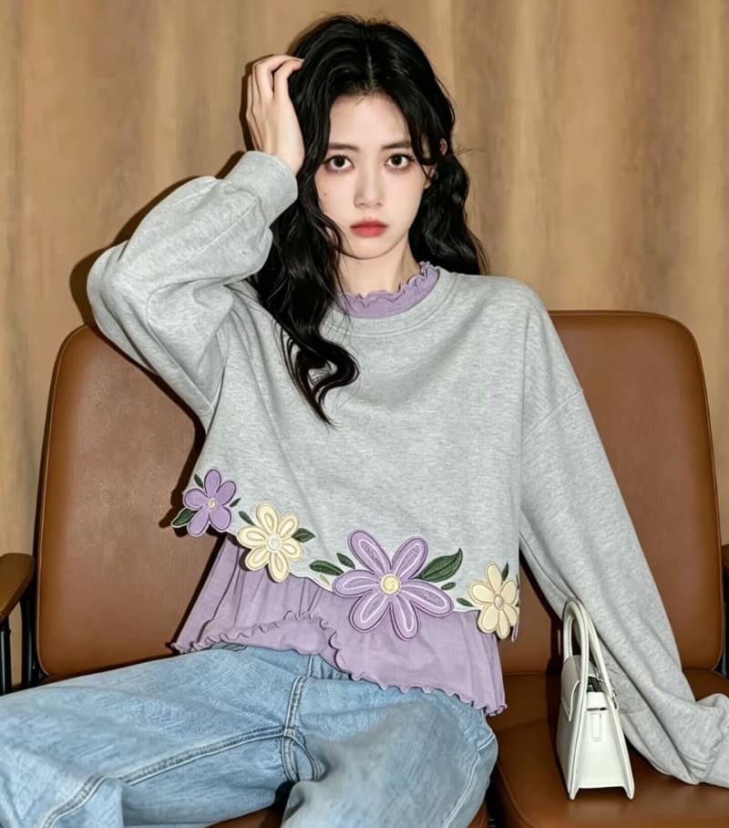 디자인 센스 3 차원 꽃 자수 라운드 넥 쇼트 스타일 후드티 보라색 긴팔 프릴 티셔츠 두 조각 여성 세트 가을 상세 이미지 9
