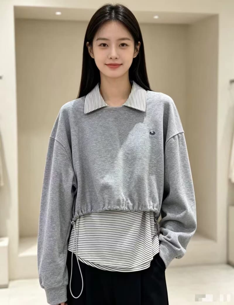 2026 가을 겨울 새로운 스트라이프 만나는 POLO 칼라 티셔츠 루즈핏 라운드 넥 긴팔 짧은 후드티 투피스 슈트 여성 이미지 4