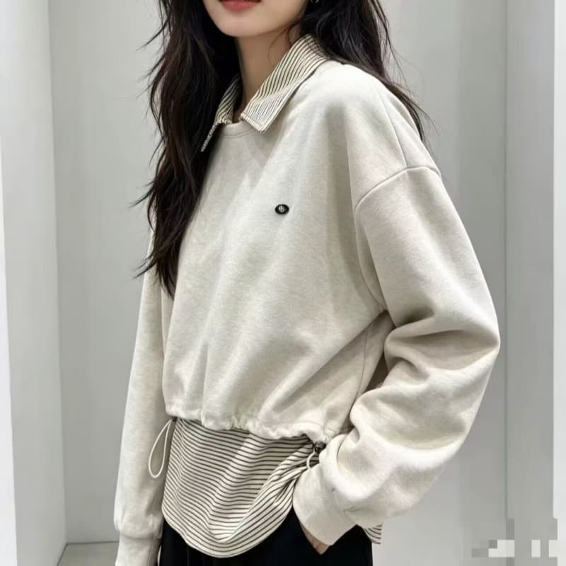 2026 가을 겨울 새로운 스트라이프 만나는 POLO 칼라 티셔츠 루즈핏 라운드 넥 긴팔 짧은 후드티 투피스 슈트 여성 이미지 5
