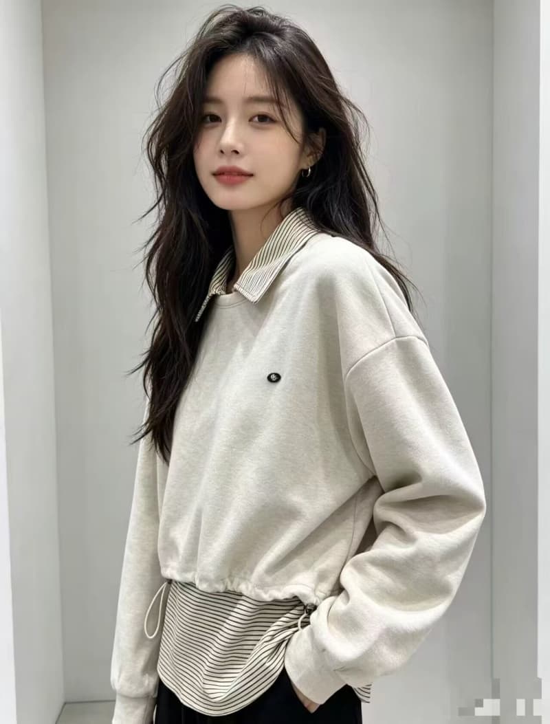 2026 가을 겨울 새로운 스트라이프 만나는 POLO 칼라 티셔츠 루즈핏 라운드 넥 긴팔 짧은 후드티 투피스 슈트 여성 상세 이미지 3