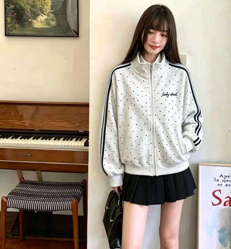 한 부서 도트 무늬 스탠드 칼라 지퍼 후드티 여성 2026 가을 겨울철 루즈핏 슬림해 보이는 캐주얼 학원 스타일 오픈 가디건 여성 코트 이미지 2