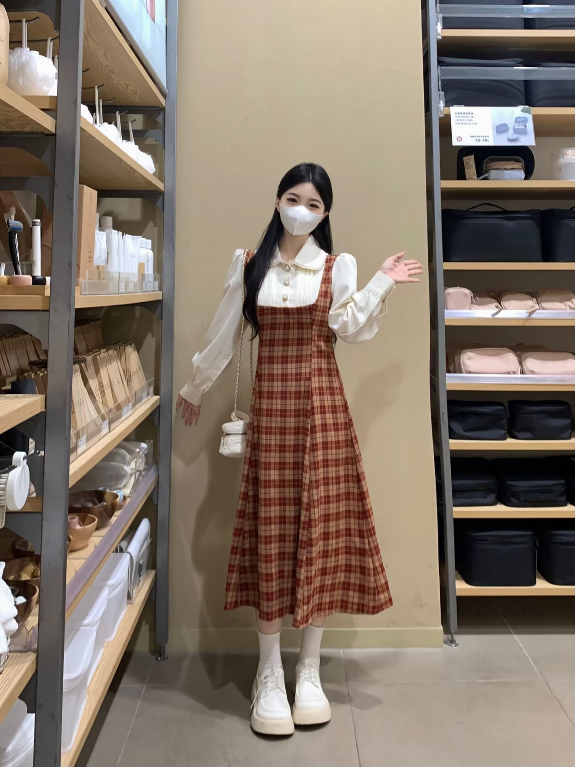 실사 빅 사이즈 프랑스식 디자인 센스 슬림해 보이는 체크무늬 베이비 칼라 드레스 새로운 페이크 레이어드 패치워크 롱 스커트 상세 이미지 2