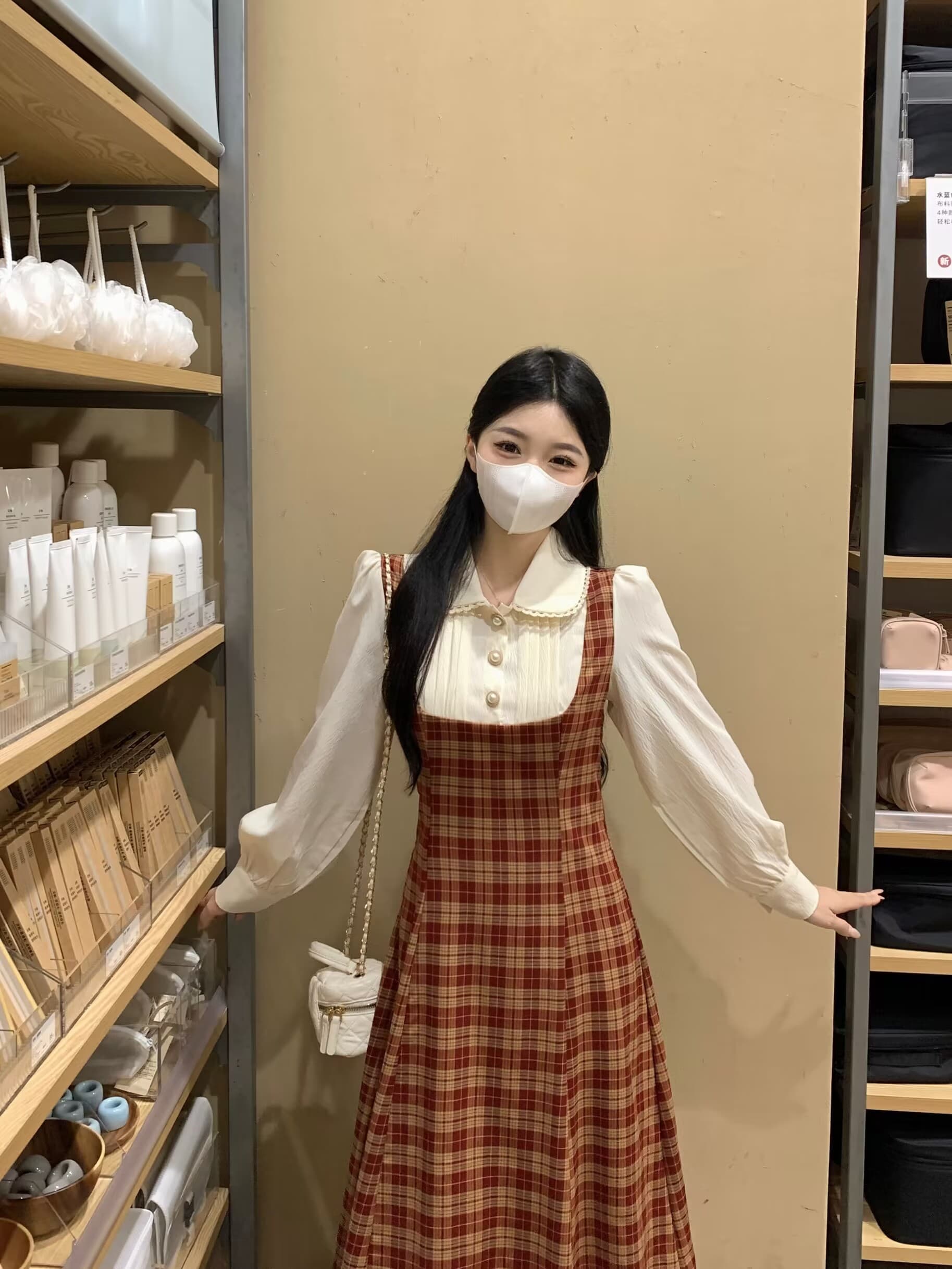 실사 빅 사이즈 프랑스식 디자인 센스 슬림해 보이는 체크무늬 베이비 칼라 드레스 새로운 페이크 레이어드 패치워크 롱 스커트 상세 이미지 10