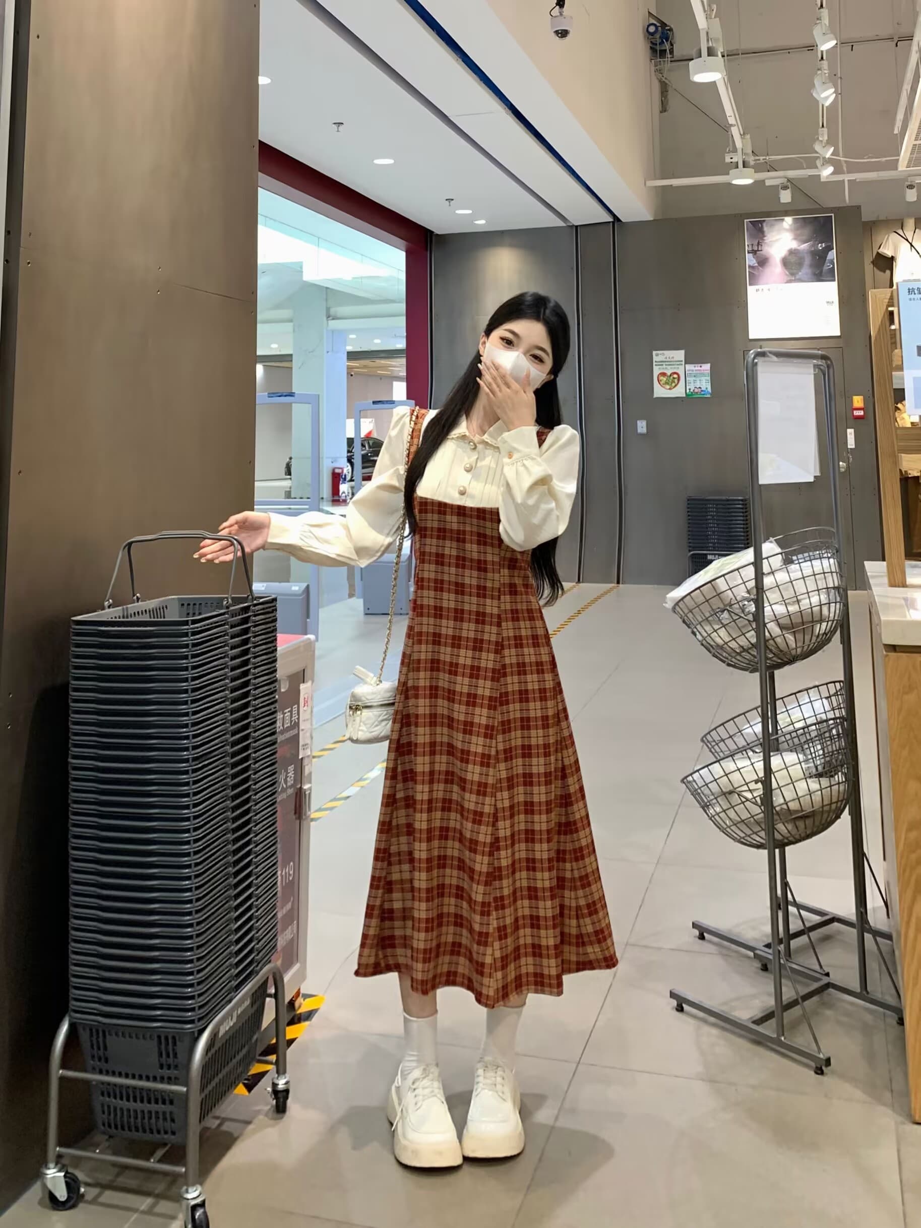 실사 빅 사이즈 프랑스식 디자인 센스 슬림해 보이는 체크무늬 베이비 칼라 드레스 새로운 페이크 레이어드 패치워크 롱 스커트 상세 이미지 12