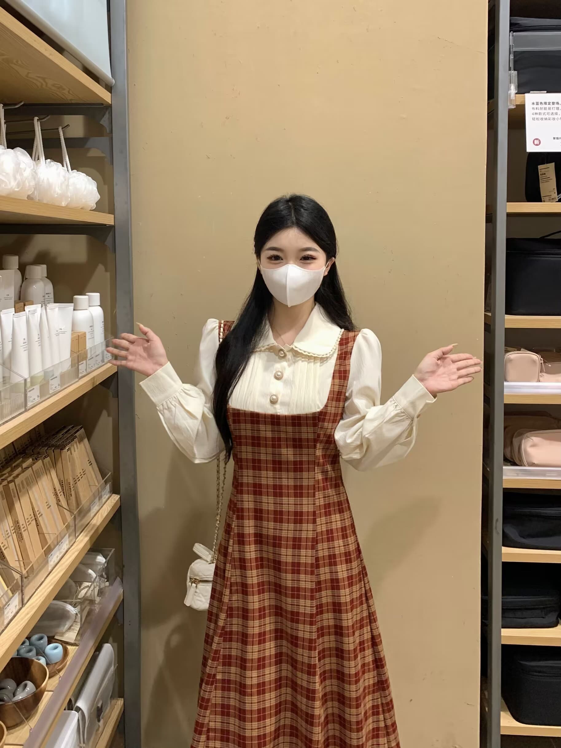 실사 빅 사이즈 프랑스식 디자인 센스 슬림해 보이는 체크무늬 베이비 칼라 드레스 새로운 페이크 레이어드 패치워크 롱 스커트 상세 이미지 13