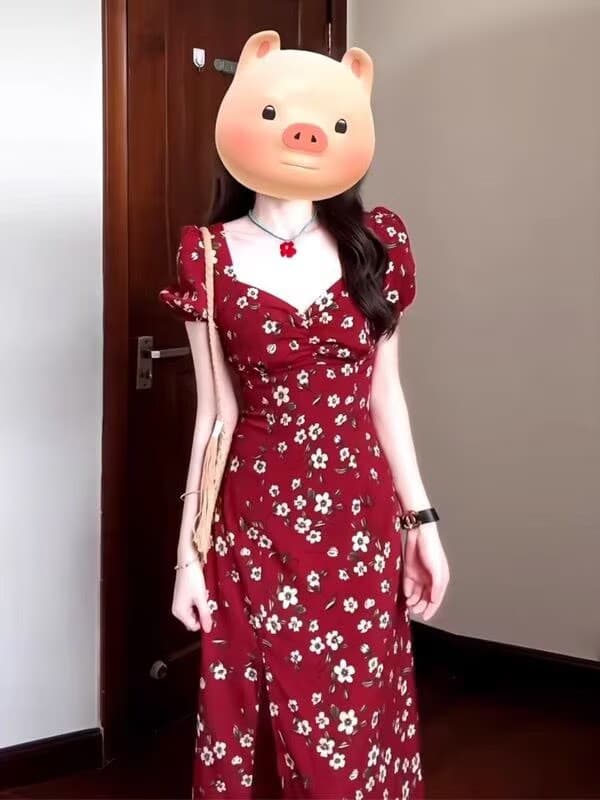 프랑스식 쉬폰 빨간색 꽃무늬 드레스 여름 새로운 광장 칼라 고급 센스 허리 수축 트임 길다 치마 이미지 4