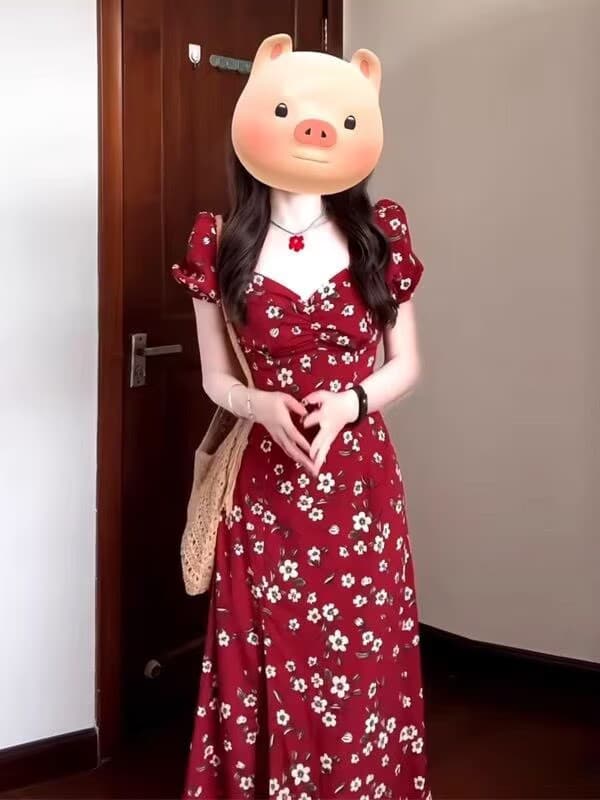 프랑스식 쉬폰 빨간색 꽃무늬 드레스 여름 새로운 광장 칼라 고급 센스 허리 수축 트임 길다 치마 상세 이미지 2