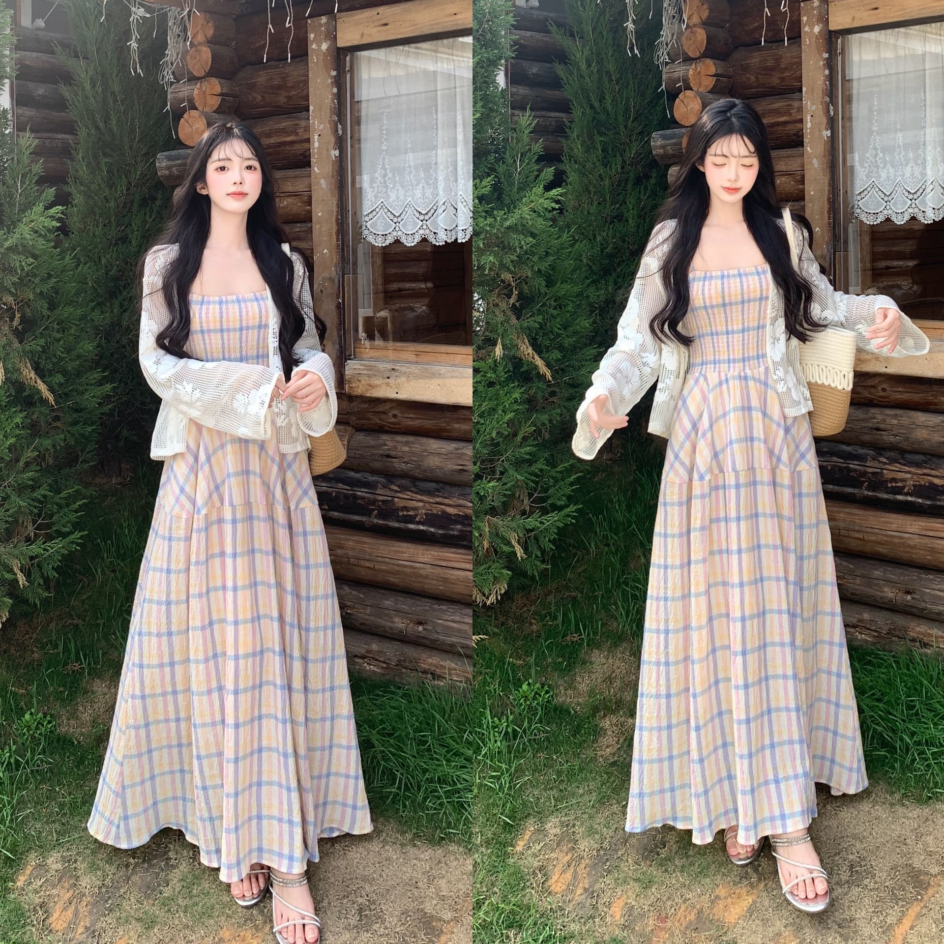실사 마이크로 지방 슬림해 보이는 체크무늬 슬립 여성 드레스 여름 새로운 휴가 바람 롱 스커트 여름 아름다운 작은 치마