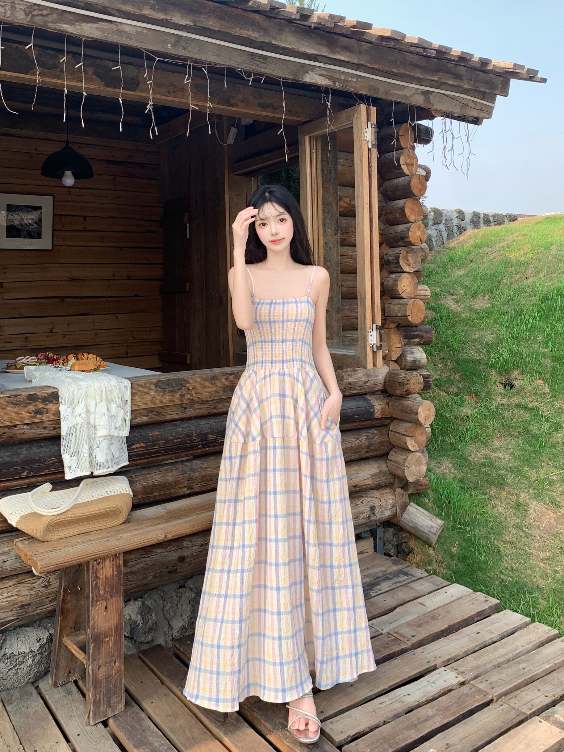 실사 마이크로 지방 슬림해 보이는 체크무늬 슬립 여성 드레스 여름 새로운 휴가 바람 롱 스커트 여름 아름다운 작은 치마 이미지 3