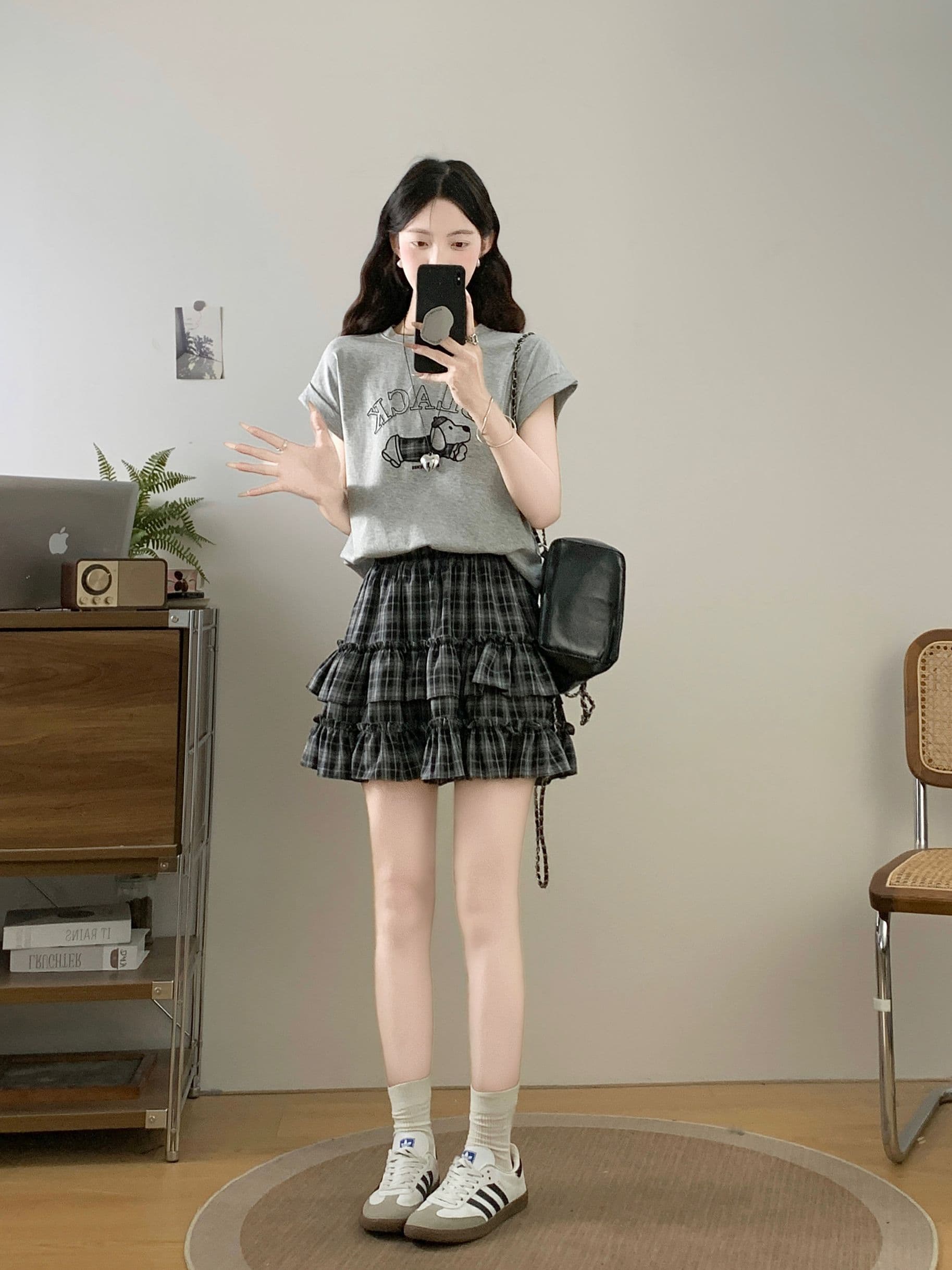 실사 마이크로 지방 슬림해 보이는 패션 세트 강아지 자수 반팔 티셔츠 여름 하이웨이스트 슬림해 보이는 퍼프 미니 스커트 투피스 세트 상세 이미지 18
