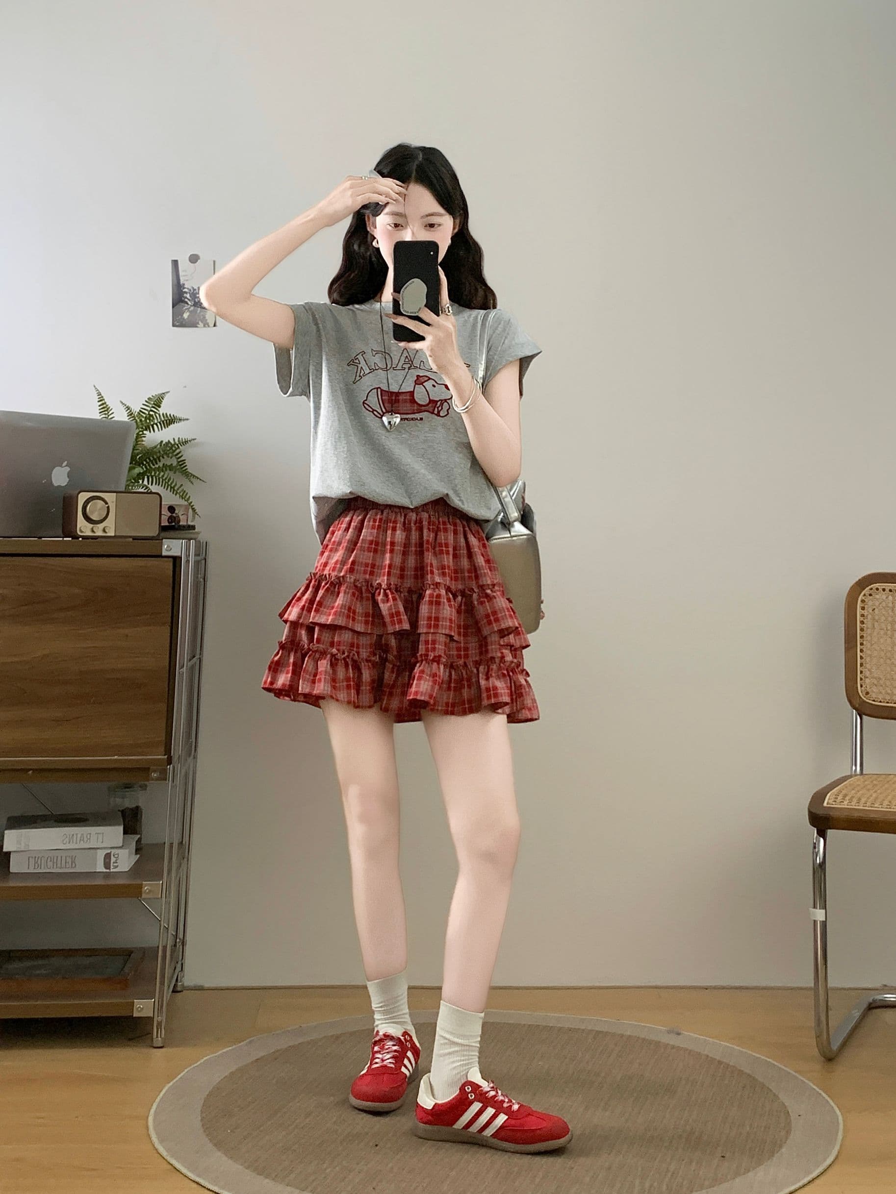 실사 마이크로 지방 슬림해 보이는 패션 세트 강아지 자수 반팔 티셔츠 여름 하이웨이스트 슬림해 보이는 퍼프 미니 스커트 투피스 세트 상세 이미지 20