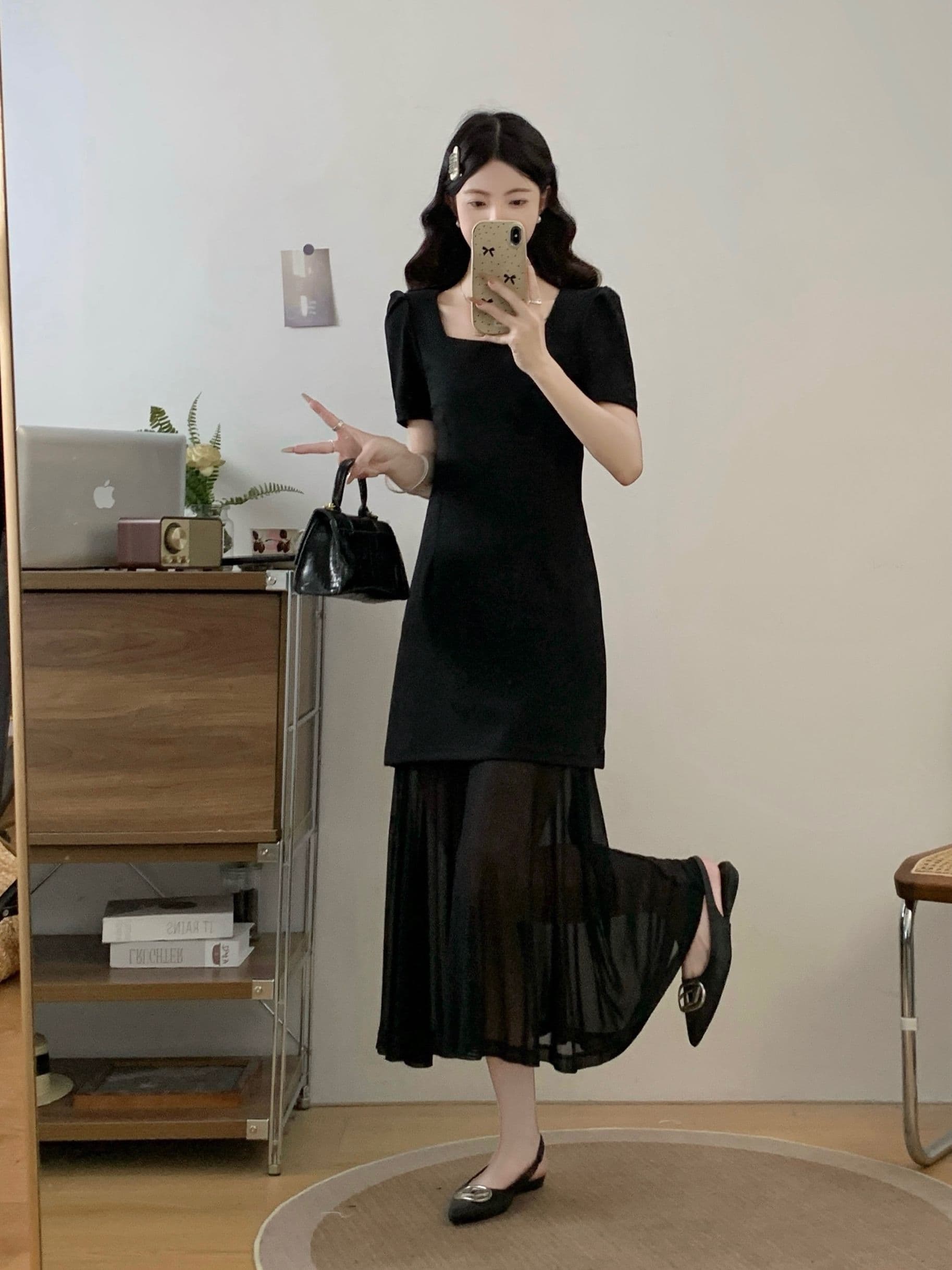 실사 광장 칼라 거품 소매 검정색 여성 드레스 유럽 상품 여름 패션 허리 수축 슬림해 보이는 망사 패치워크 길다 치마 상세 이미지 1