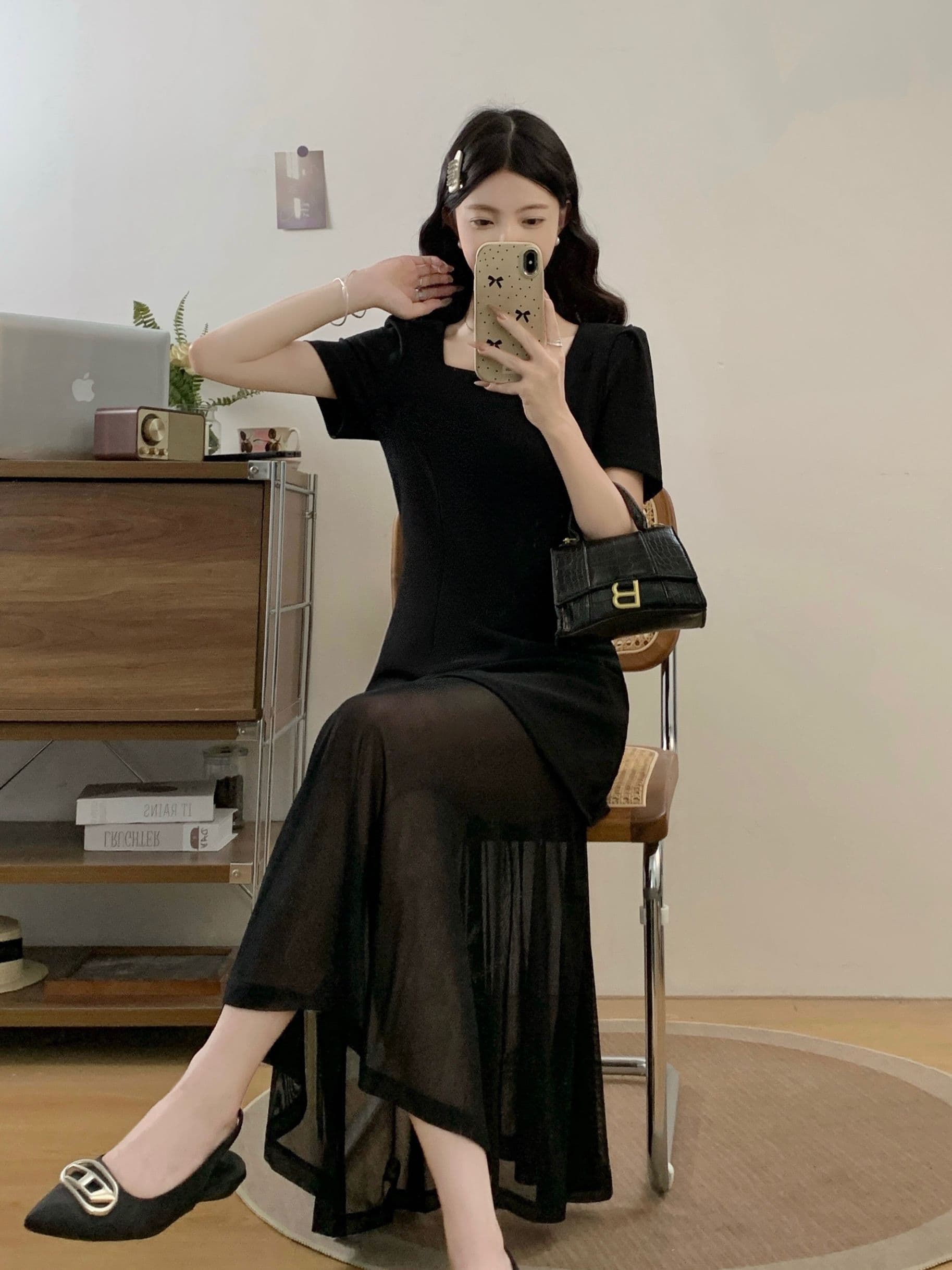 실사 광장 칼라 거품 소매 검정색 여성 드레스 유럽 상품 여름 패션 허리 수축 슬림해 보이는 망사 패치워크 길다 치마 상세 이미지 4