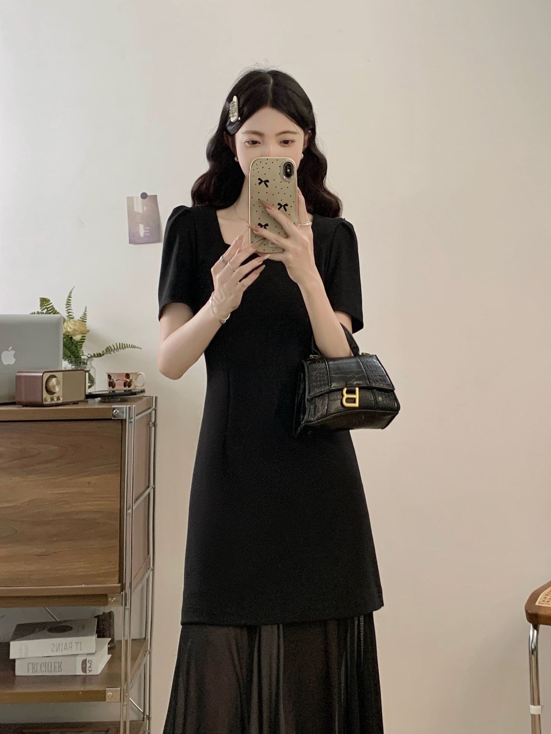 실사 광장 칼라 거품 소매 검정색 여성 드레스 유럽 상품 여름 패션 허리 수축 슬림해 보이는 망사 패치워크 길다 치마 상세 이미지 10