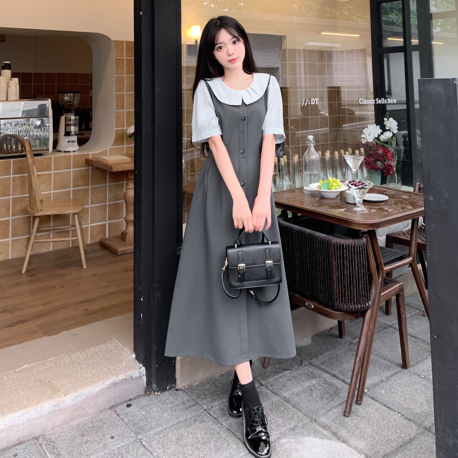 실사 빅 사이즈 페이크 레이어드 드레스 여름 새로운 프랑스식 그는 벤 바람 치마 허리 수축 슬림해 보이는 반팔 셔츠 드레스 상세 이미지 3