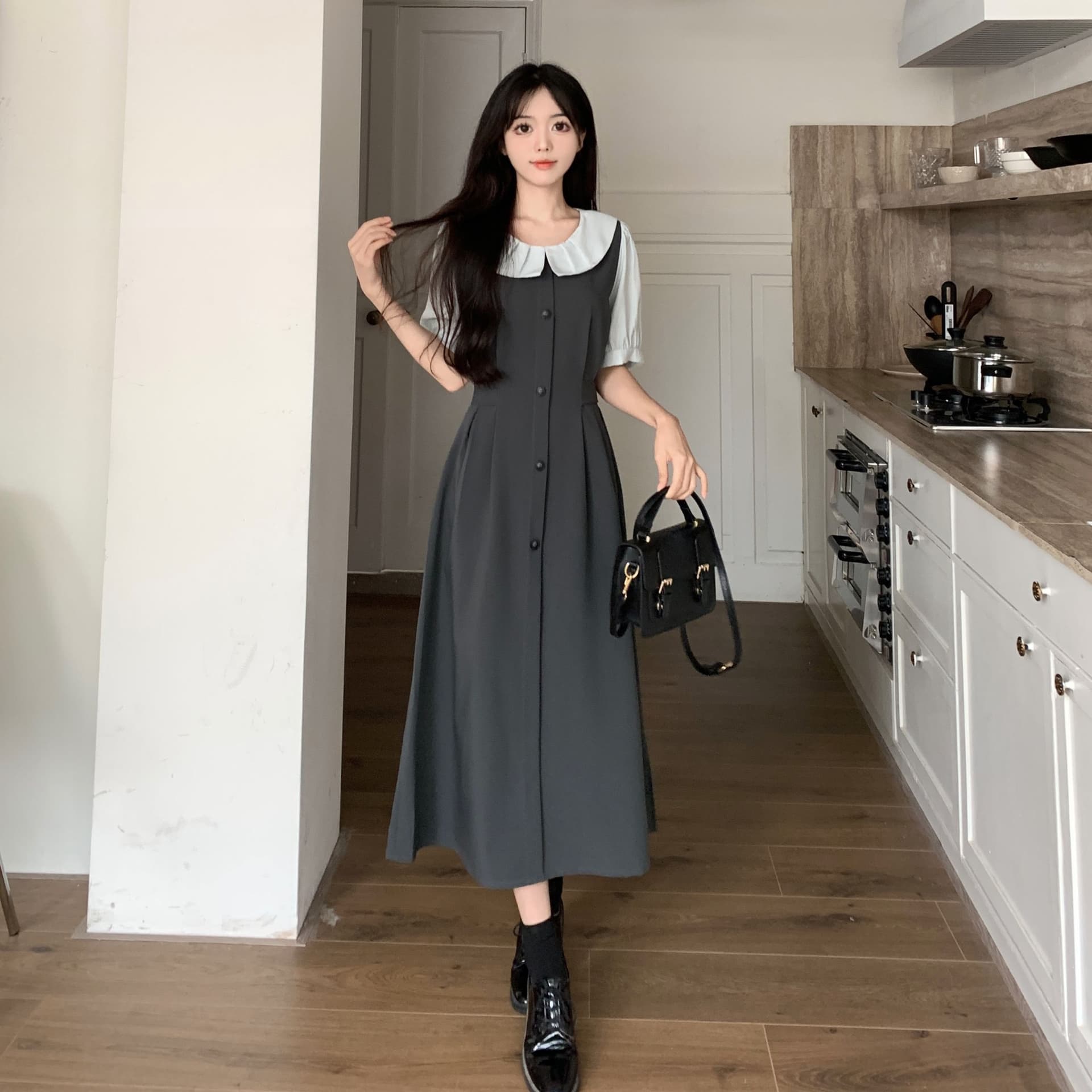 실사 빅 사이즈 페이크 레이어드 드레스 여름 새로운 프랑스식 그는 벤 바람 치마 허리 수축 슬림해 보이는 반팔 셔츠 드레스 상세 이미지 6