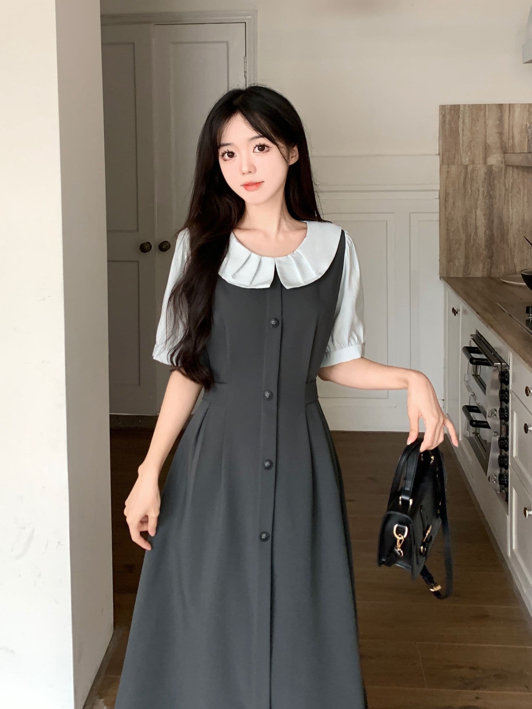 실사 빅 사이즈 페이크 레이어드 드레스 여름 새로운 프랑스식 그는 벤 바람 치마 허리 수축 슬림해 보이는 반팔 셔츠 드레스 상세 이미지 11