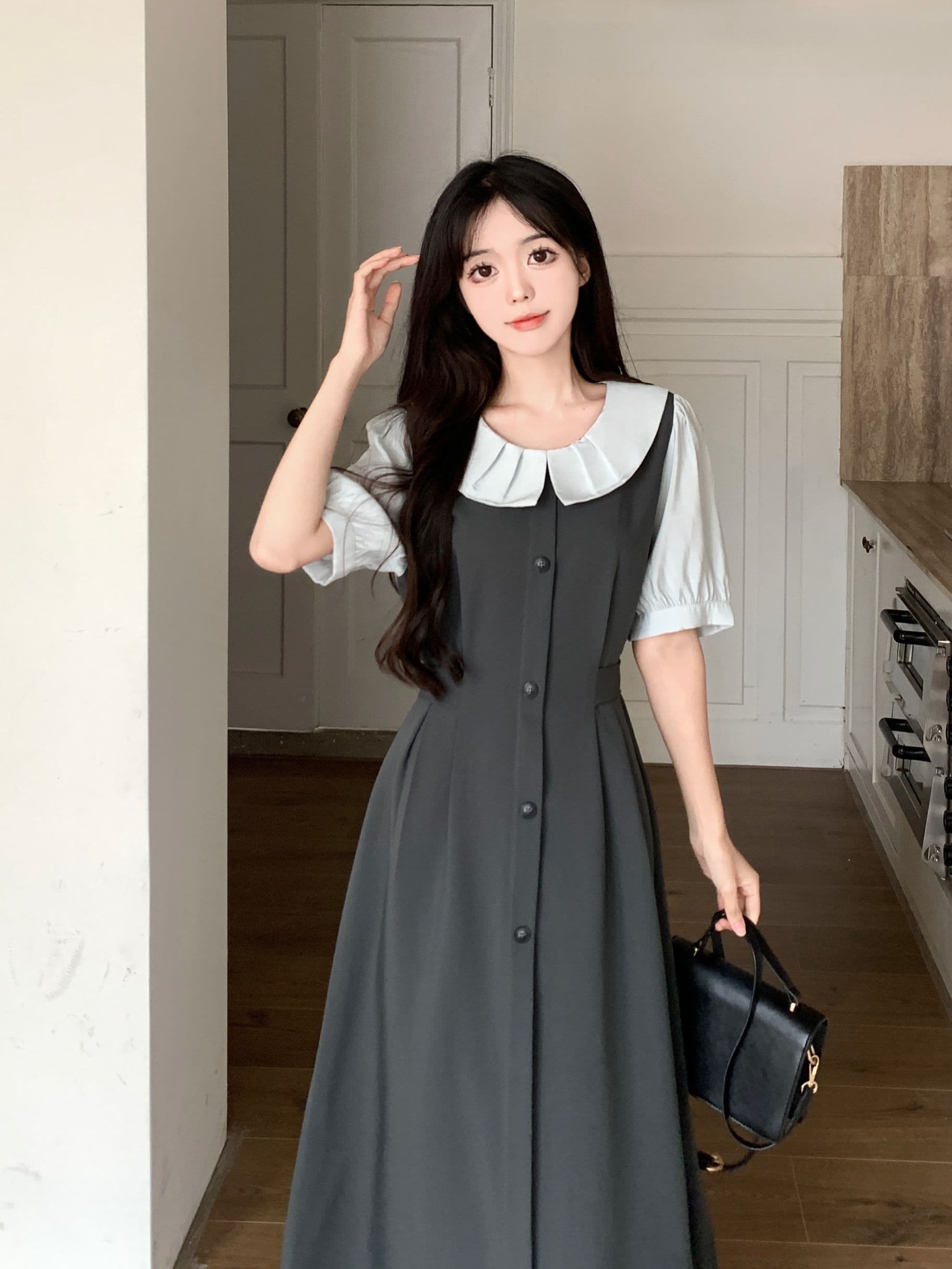 실사 빅 사이즈 페이크 레이어드 드레스 여름 새로운 프랑스식 그는 벤 바람 치마 허리 수축 슬림해 보이는 반팔 셔츠 드레스 상세 이미지 14