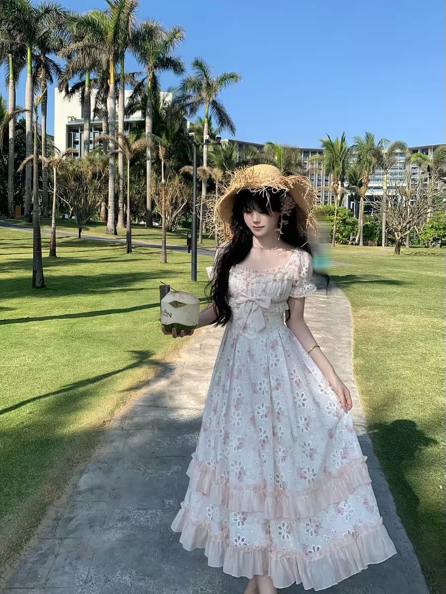 blovelan 릴리 앤 꽃 지름 휴가 바람 홀로우 아웃 자수 허리 수축 롱 스커트 프랑스식 소녀 꽃무늬 드레스 이미지 3