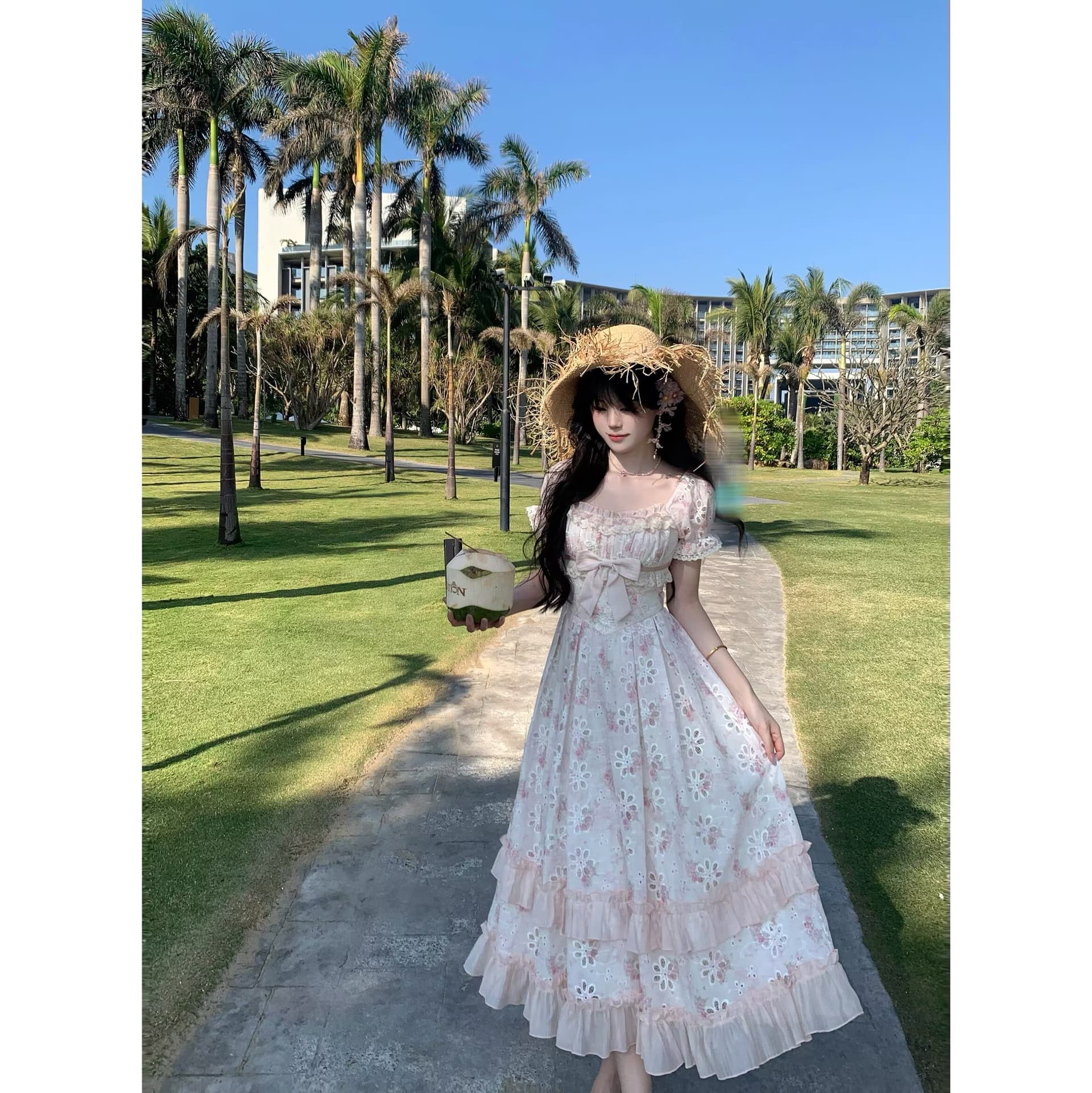 blovelan 릴리 앤 꽃 지름 휴가 바람 홀로우 아웃 자수 허리 수축 롱 스커트 프랑스식 소녀 꽃무늬 드레스 상세 이미지 1
