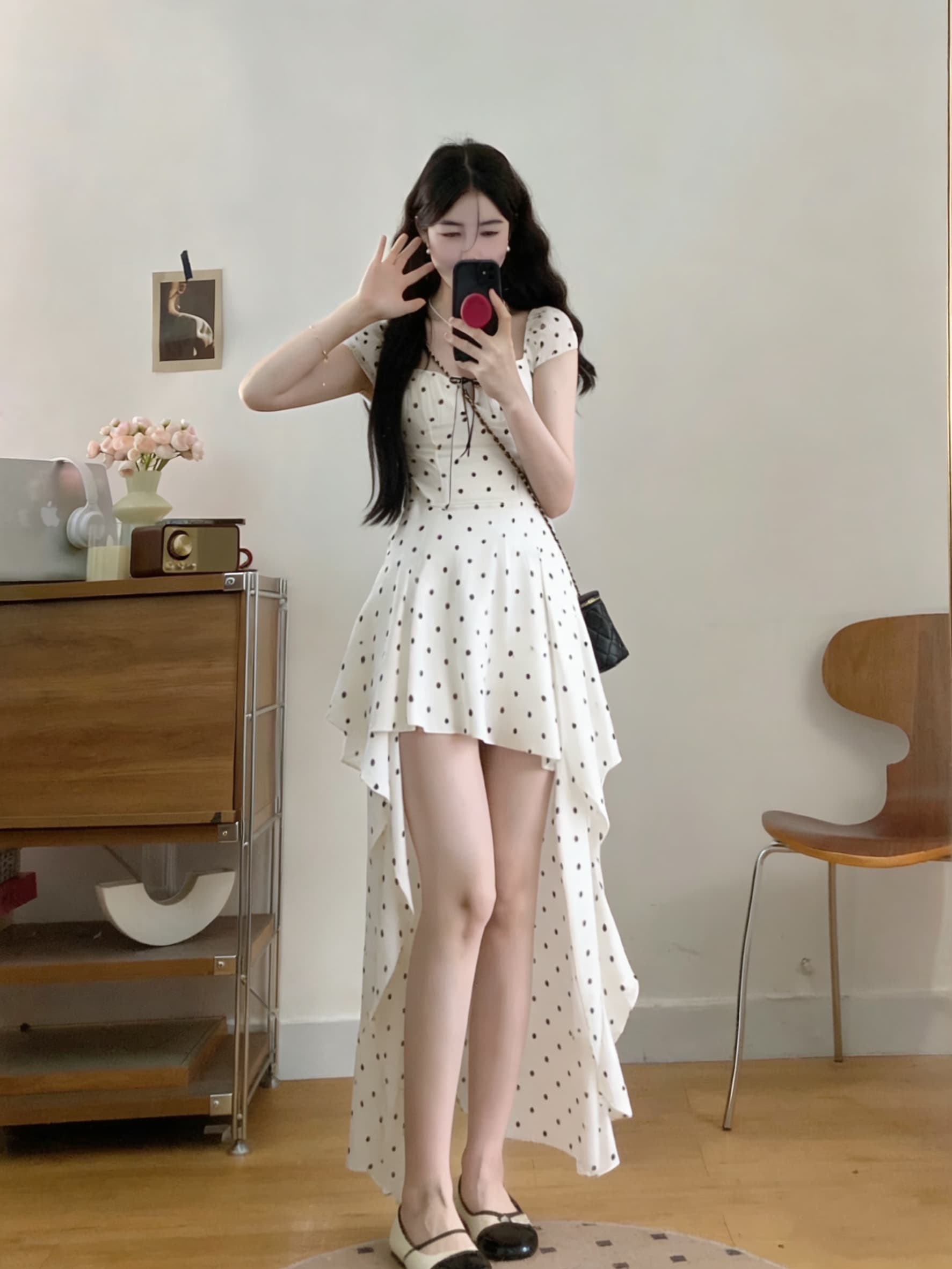 실사 빅 사이즈 프랑스식 프릴 화이트 도트 무늬 반팔 여성 드레스 여름 해변가 휴가 아름다운 품격 이슬 이미지 3
