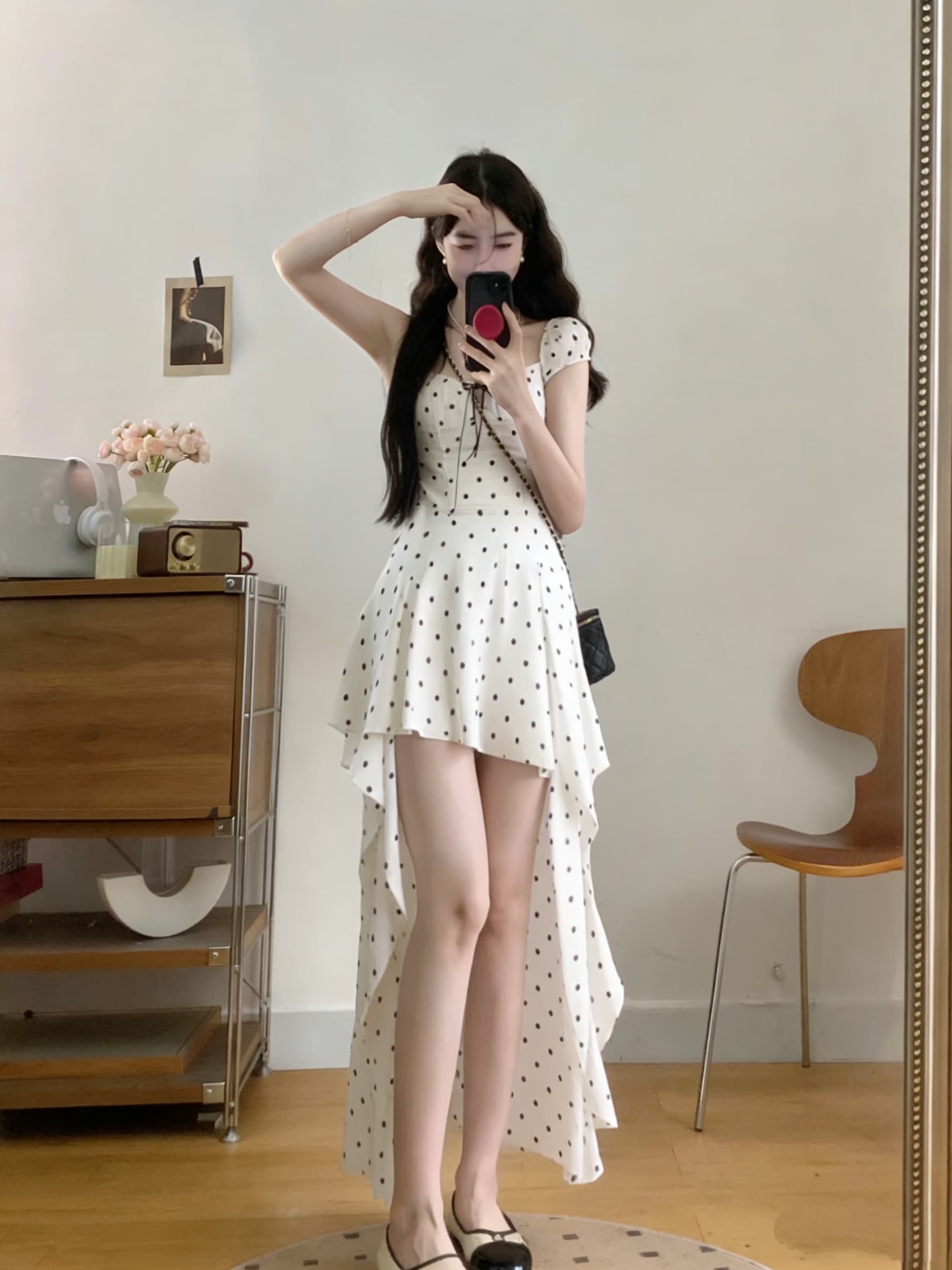 실사 빅 사이즈 프랑스식 프릴 화이트 도트 무늬 반팔 여성 드레스 여름 해변가 휴가 아름다운 품격 이슬 상세 이미지 8