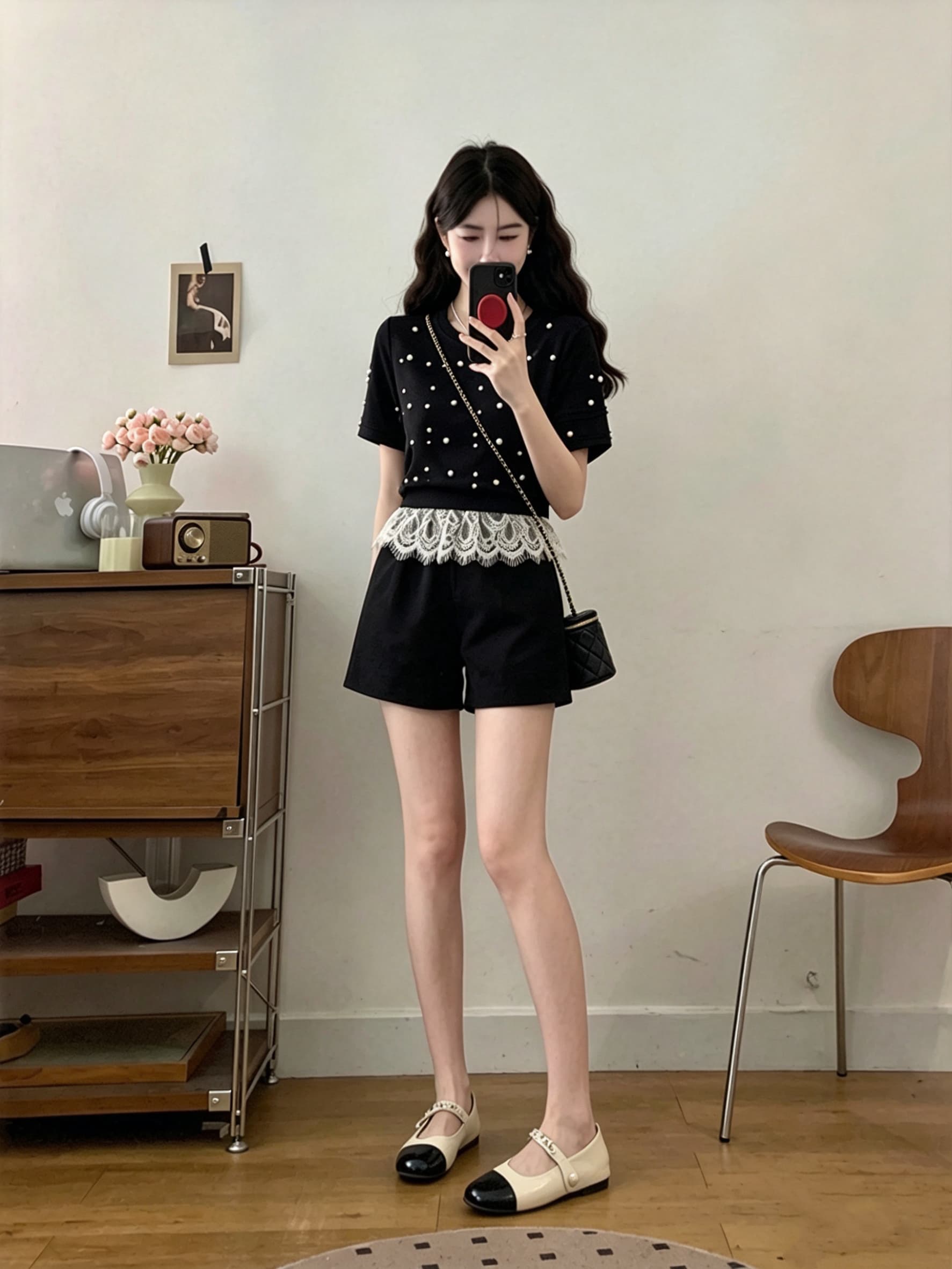 실사 작은 샤넬 스타일 세련된 운동복 세트 여성 2026 여름 새로운 맨위 넓은 다리가 짧다. 바지 투피스 세트 이미지 4