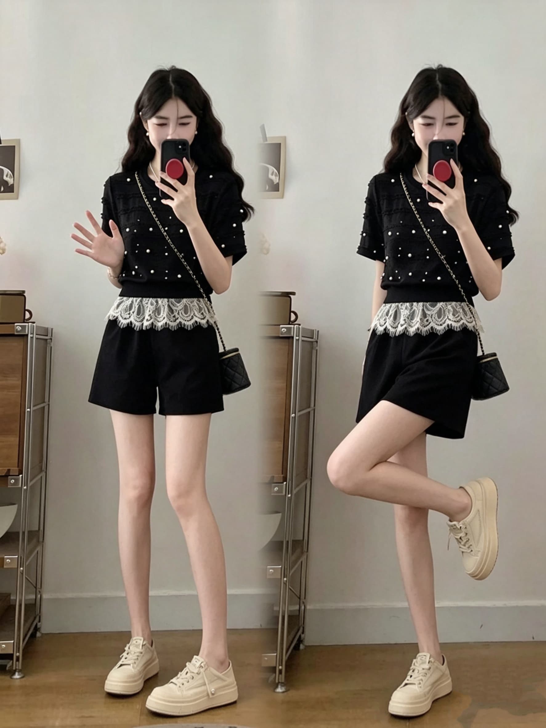 실사 작은 샤넬 스타일 세련된 운동복 세트 여성 2026 여름 새로운 맨위 넓은 다리가 짧다. 바지 투피스 세트 상세 이미지 1