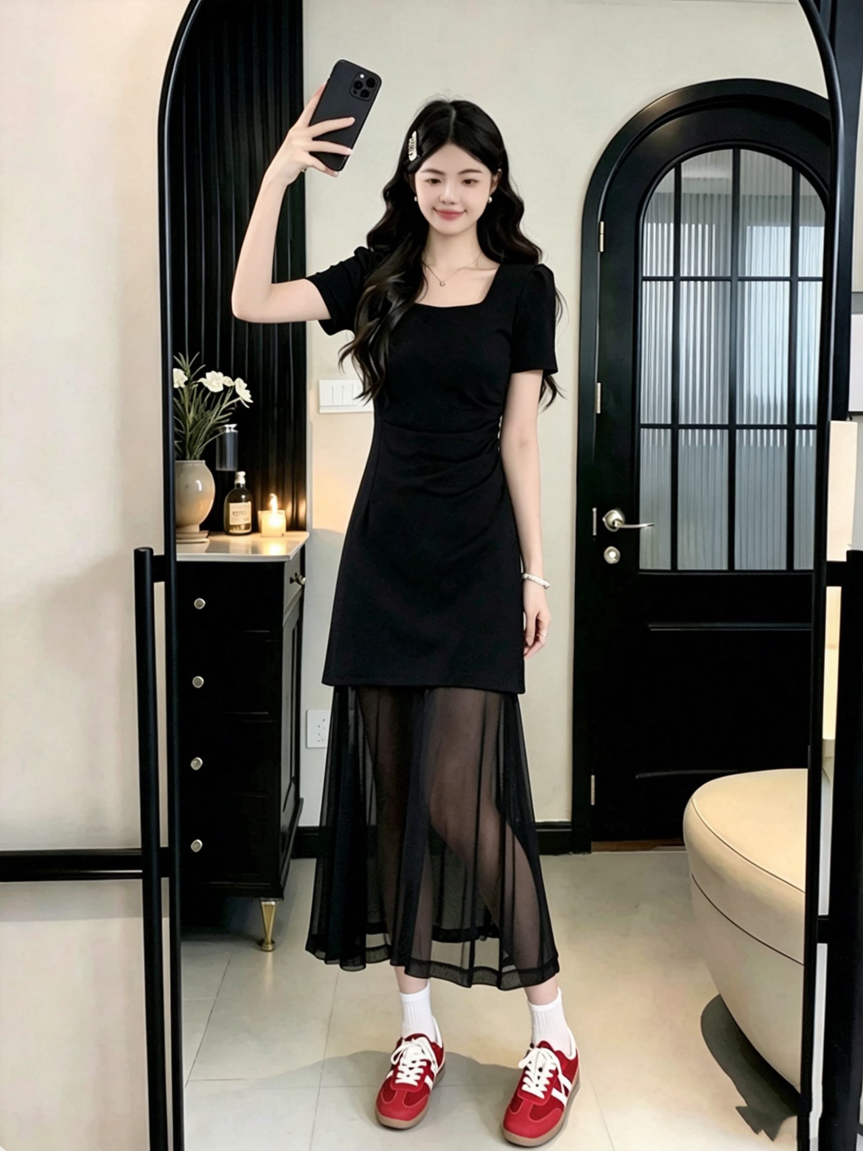 실사 슬림해 보이는 프랑스식 작은 검은 색 치마 여름 마이크로 지방 여성 의류 반팔 드레스 빅 사이즈 mm 숨기기 고기 품격 섹션 상세 이미지 4