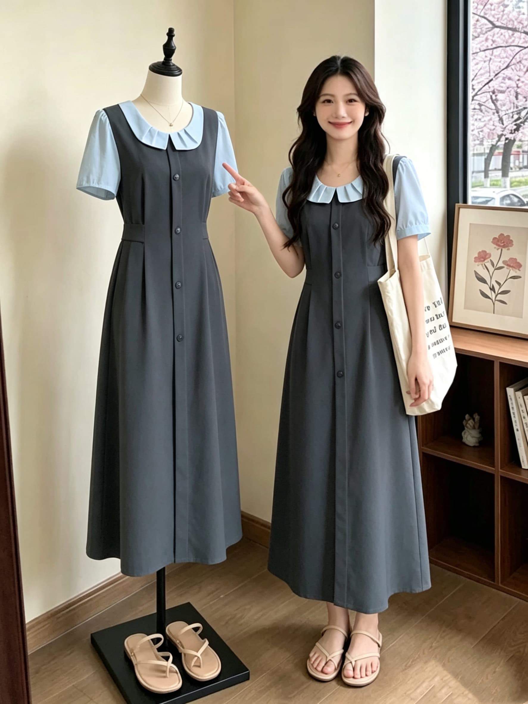 프랑스식 품격 베이비 칼라 페이크 레이어드 여성 드레스 2026 여름 새로운 한국 스타일 슬림해 보이는 배색 회색 롱 스커트