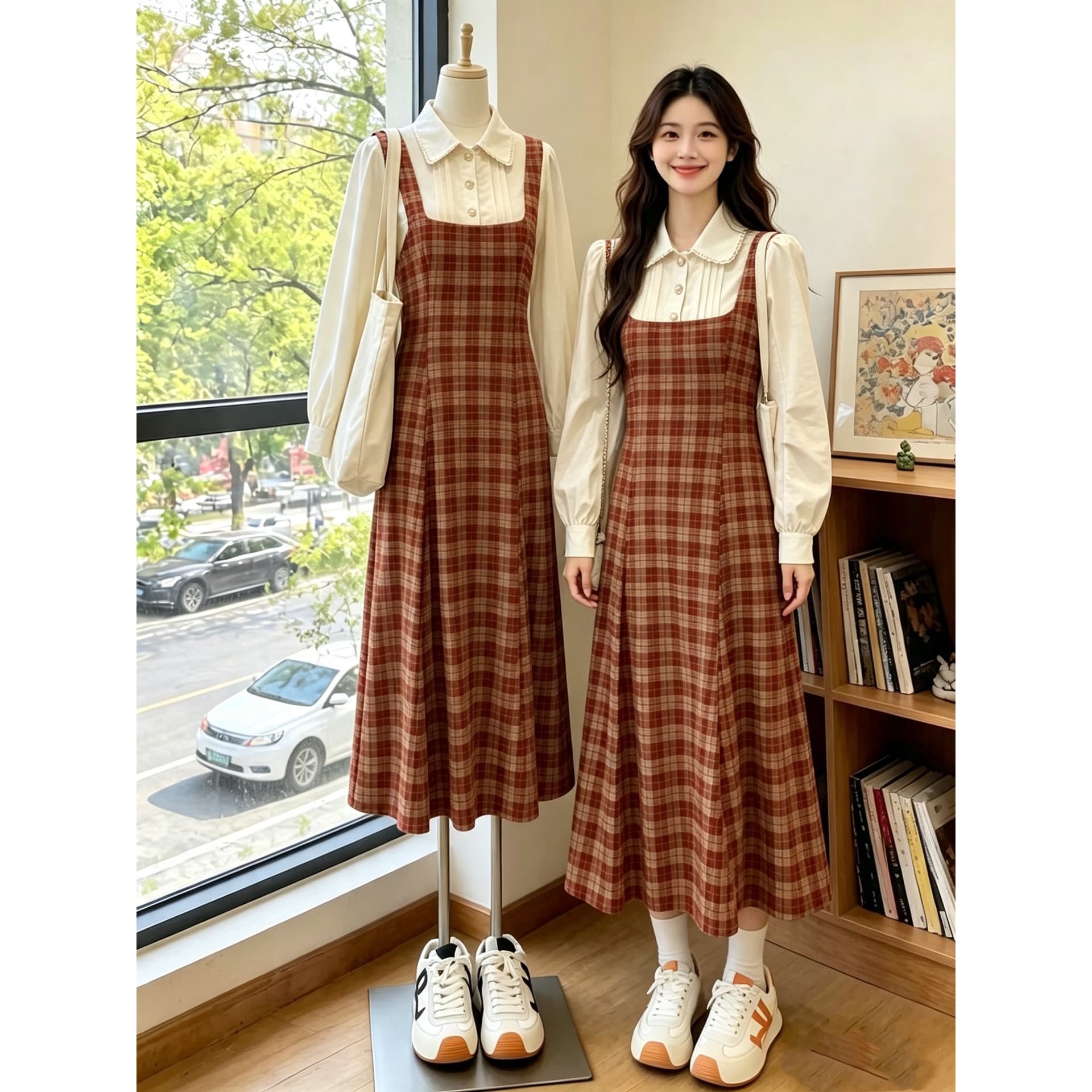 빅 사이즈 프랑스식 디자인 센스 슬림해 보이는 체크무늬 베이비 칼라 드레스 새로운 페이크 레이어드 패치워크 롱 스커트 이미지 5