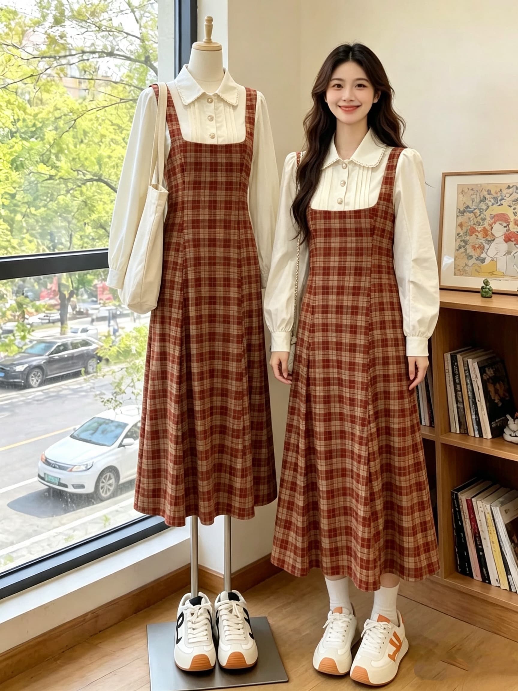 빅 사이즈 프랑스식 디자인 센스 슬림해 보이는 체크무늬 베이비 칼라 드레스 새로운 페이크 레이어드 패치워크 롱 스커트 상세 이미지 1