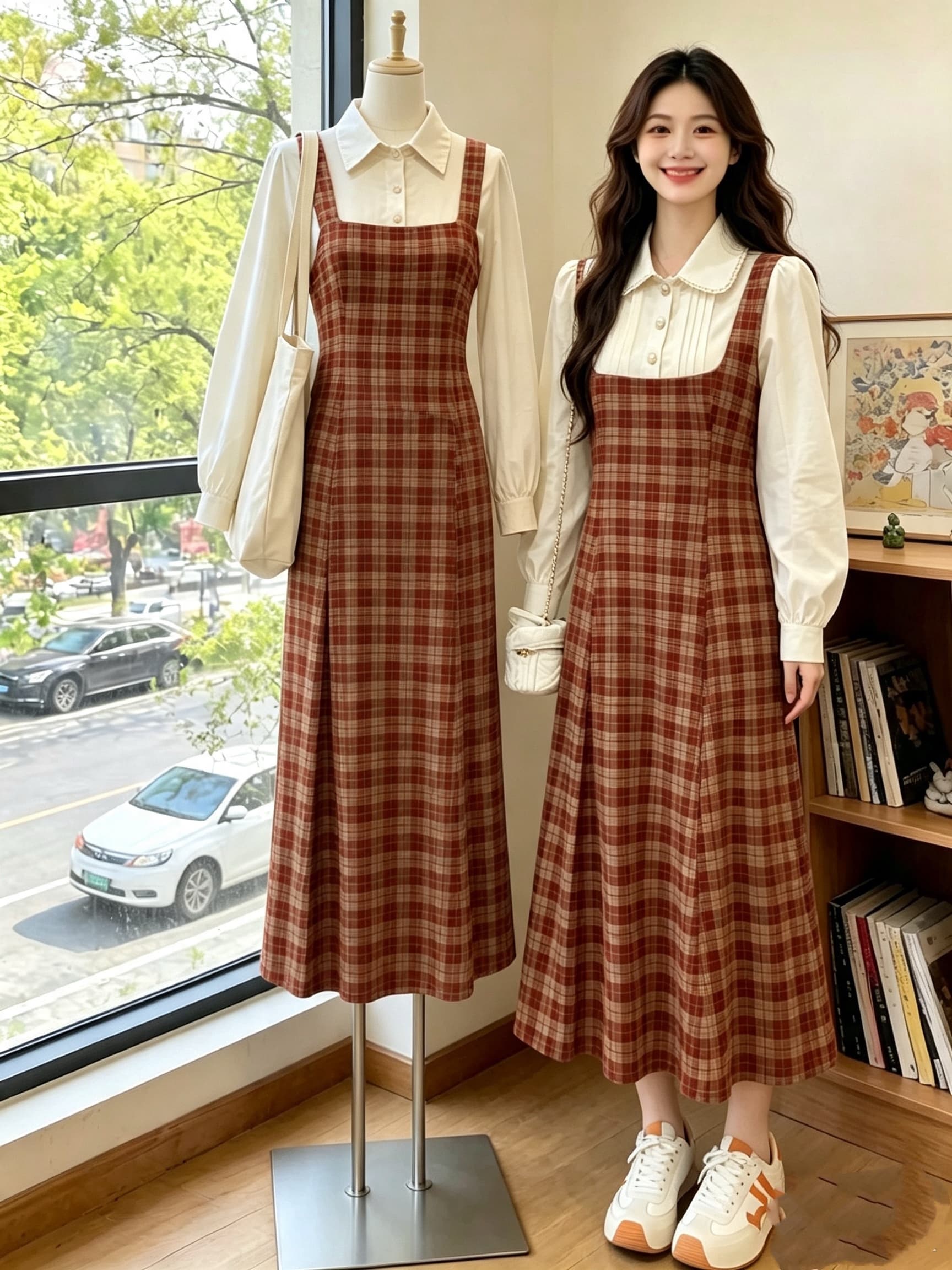 빅 사이즈 프랑스식 디자인 센스 슬림해 보이는 체크무늬 베이비 칼라 드레스 새로운 페이크 레이어드 패치워크 롱 스커트 상세 이미지 4