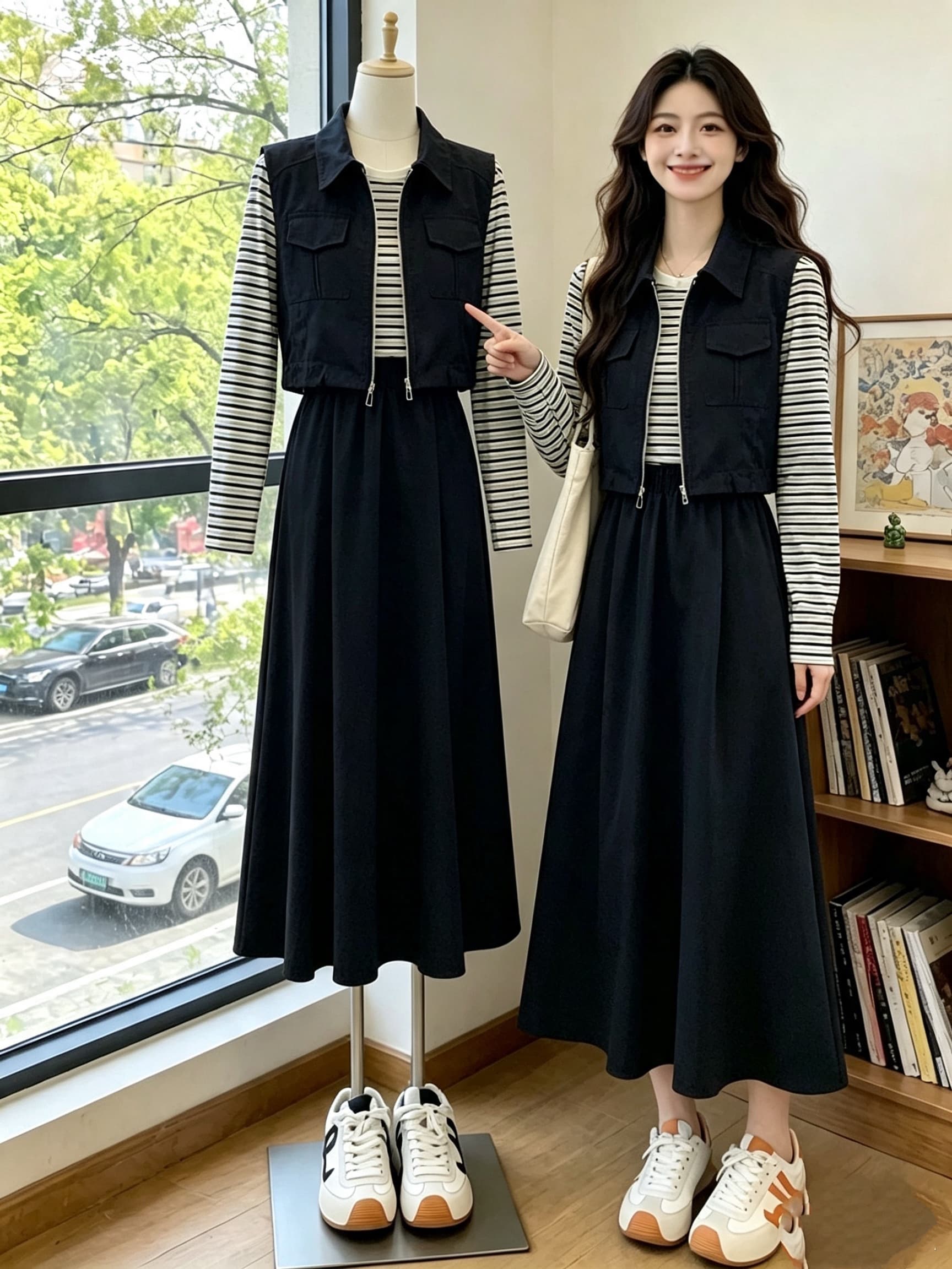 빅 사이즈 여성 의류 2026 가을 슈퍼 화재 코디 전체 집합 소금 부서 튀김 거리 블루 색상 베스트 반신 스커트 투피스 세트