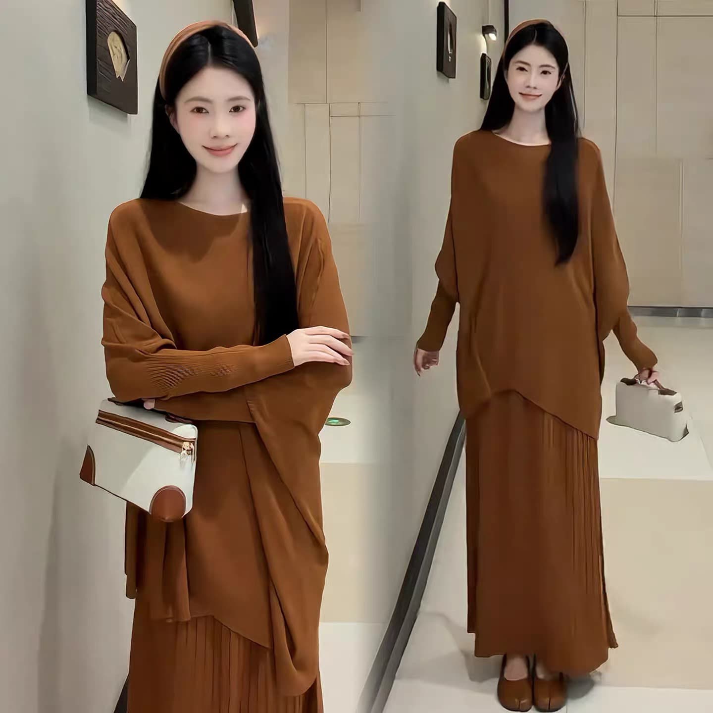2026 자이언트 잘 생긴 ~ 중 한 부서 착용 가져 가라. 전체 집합 프랑스식 불규칙 배트윙 소매 맨위 반신 스커트 투피스 슈트 상세 이미지 4