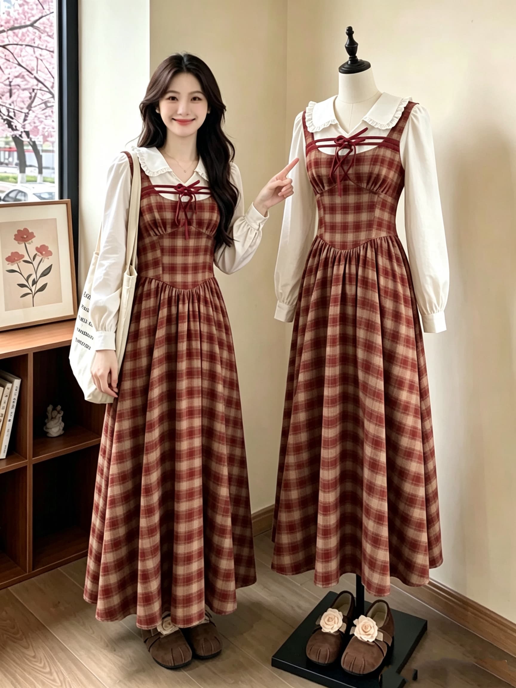 실사 빅 사이즈 가을 베이비 칼라 작은 키 품격 페이크 레이어드 패치워크 체크무늬 중간 길이 스커트 허리 수축 작은 대중 치마 이미지 3